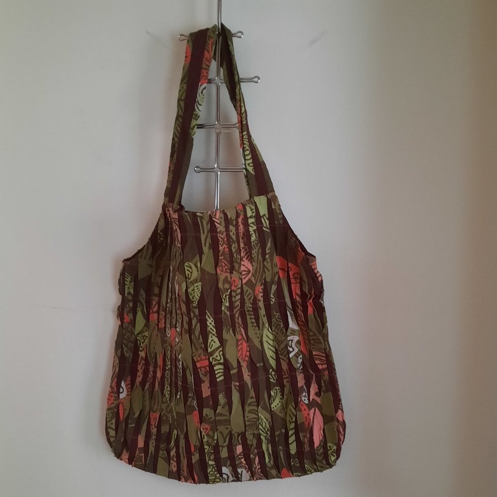 Cotton Handbag Tote Green Dark Brown Coral Shoulder Bag
